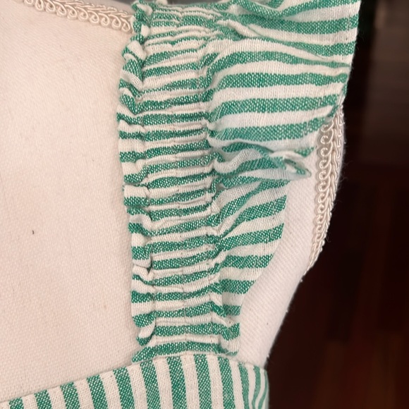 J Crew green and white stripe linen top with front buttons elastic back. - Picture 3 of 6